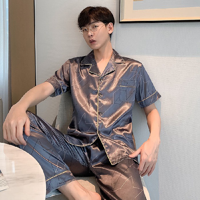 Bộ Đồ Ngủ Tay Ngắn Dáng Rộng Bằng Lụa Satin Thời Trang Hàn Quốc Dành Cho Nam Size L-5XL