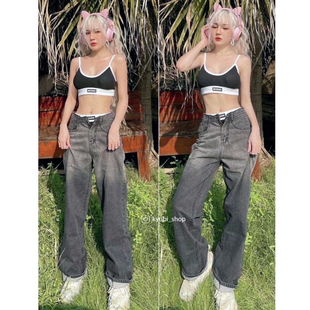 Quần jean nữ ống suông xám khói loang phong cách Streetyle (Có Bigsize) - Baggy Jeans ống rộng Kyubi TDY58