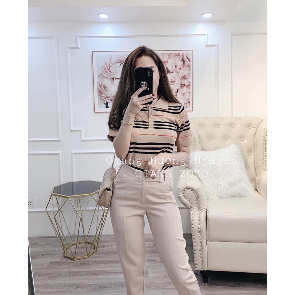 Áo kẻ Quảng châu pha sọc cổ bẻ cộc tay ( Mặc Nên Tôn Trắng Da )