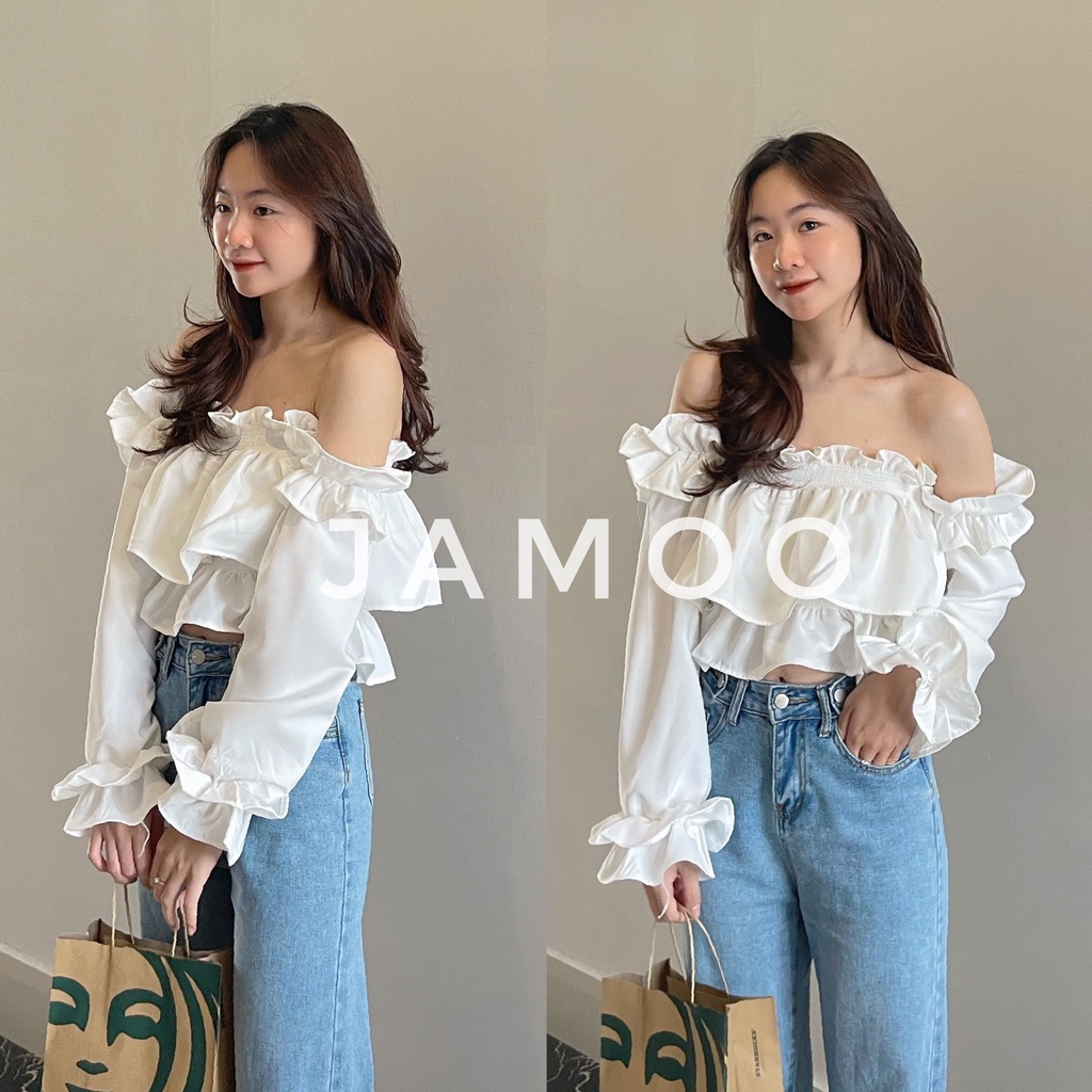 Áo trễ vai croptop MÀU TRẮNG tiểu thư xinh (hình thật/sẵn)