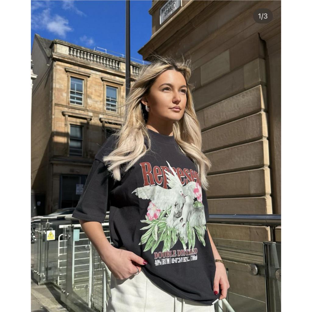 Rep Flying Pigeon Flower Letter Wings resent Printed Short Sleeve T-shirt High Street Vintage Cotton Round Neck Couple Loose Fit