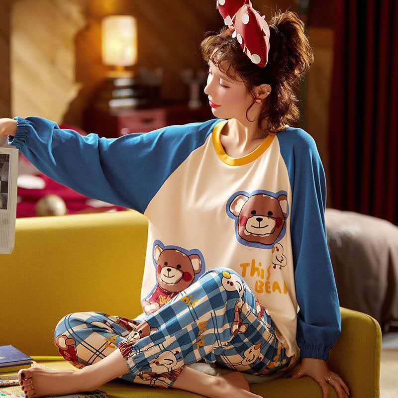 Bộ Đồ Ngủ Tay Dài Plus Size Phong Cách Hàn Quốc Cho Nữ