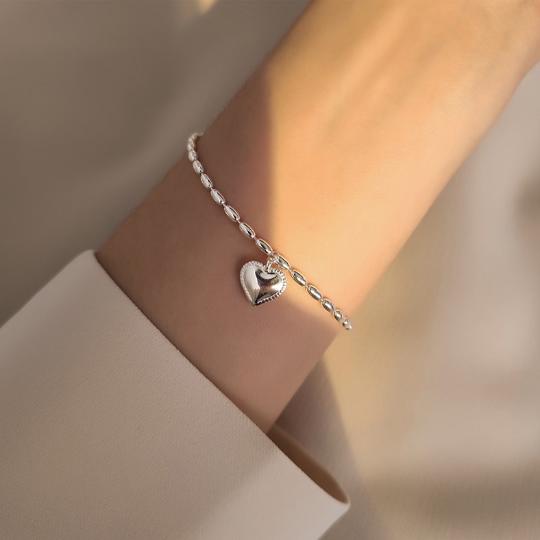 Lắc tay vòng tay nữ bạc s925 đốt bầu dục đan xen và charm hình trái tim Cá jewelry LTB38