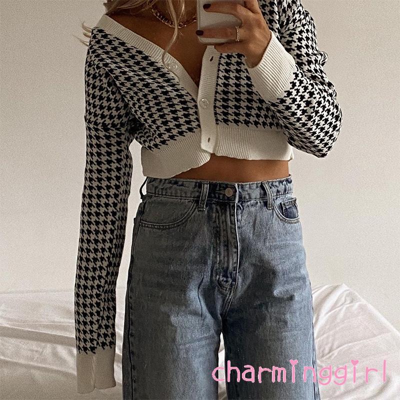 Áo Khoác Croptop Dệt Kim Tay Dài Cổ Chữ V In Họa Tiết Houndstooth Thời Trang Mùa Thu