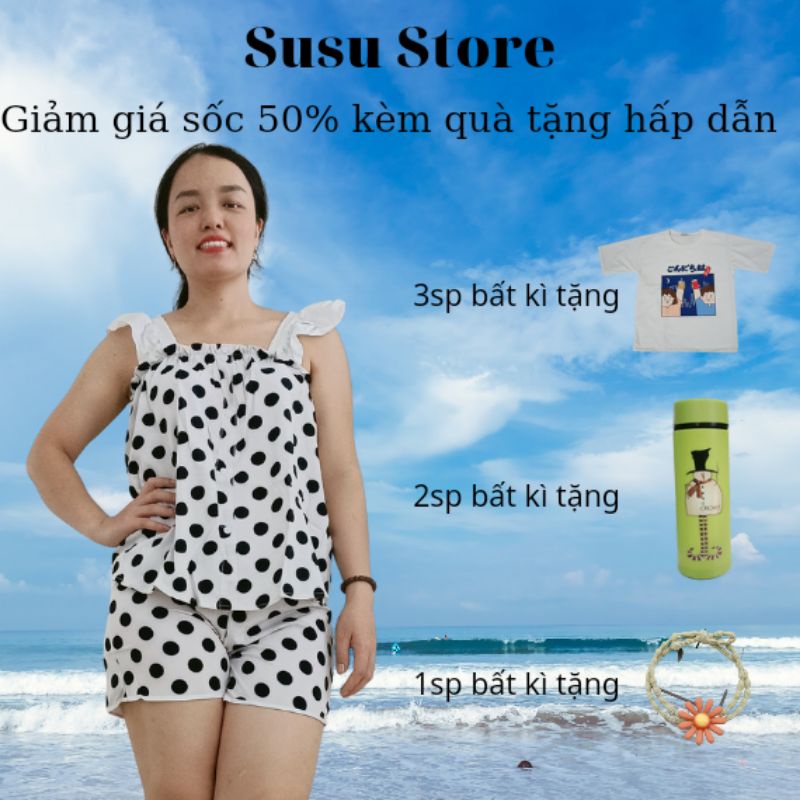 Đồ bộ, đồ ngủ 2 dây freesize mặc nhà cute hoạ tiết chấm bi dễ thương