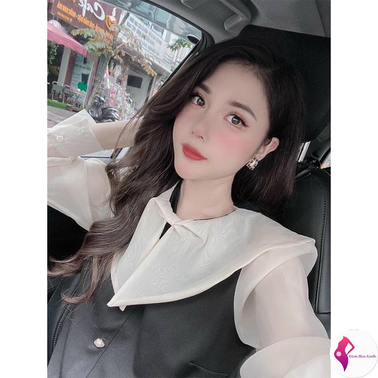 Váy Công Sở Cao Cấp Đầm Cổ Bèo Tiểu Thư Phối Tay Voan Chất Umi Hàn Hàng VNXK