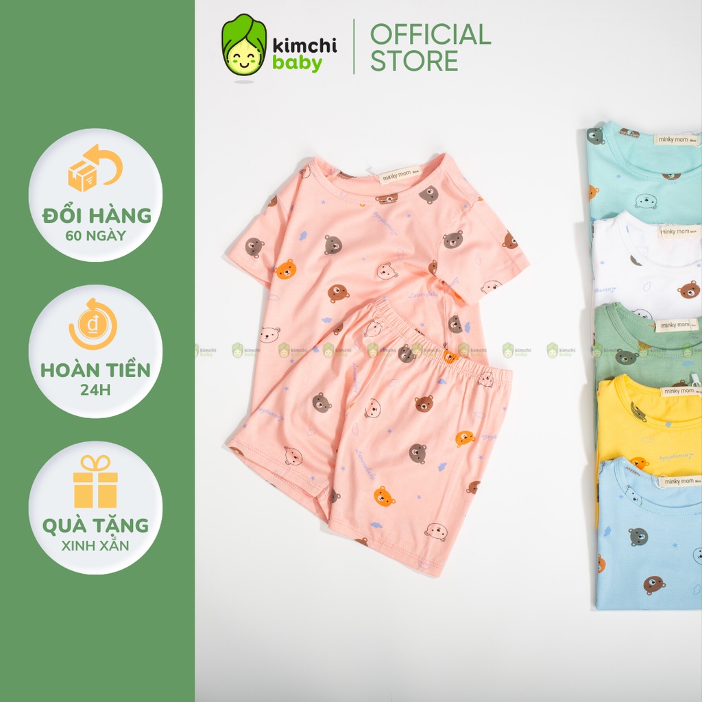 Đồ Bộ Bé Gái, Bé Trai Minky Mom Vải Thun Lạnh Hoạ Tiết Mặt Gấu, Bộ Cộc Tay Mặc Nhà Cho Bé MKM2210