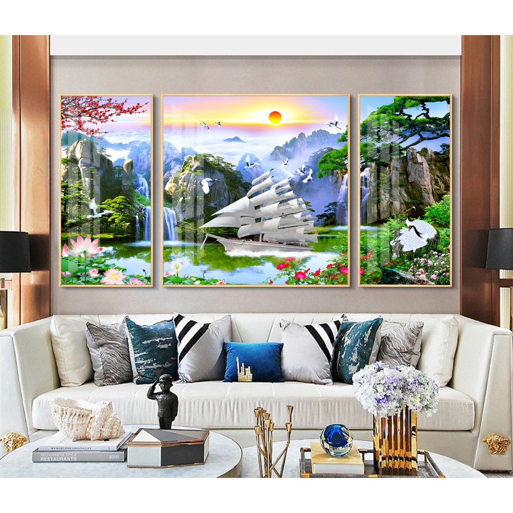 Bộ 3 tranh ghép treo tường Thuận buồm xuôi gió chất liệu bóng kiếng hoặc vải canvas TBXG 160x80 cm 8-7-2020 TG