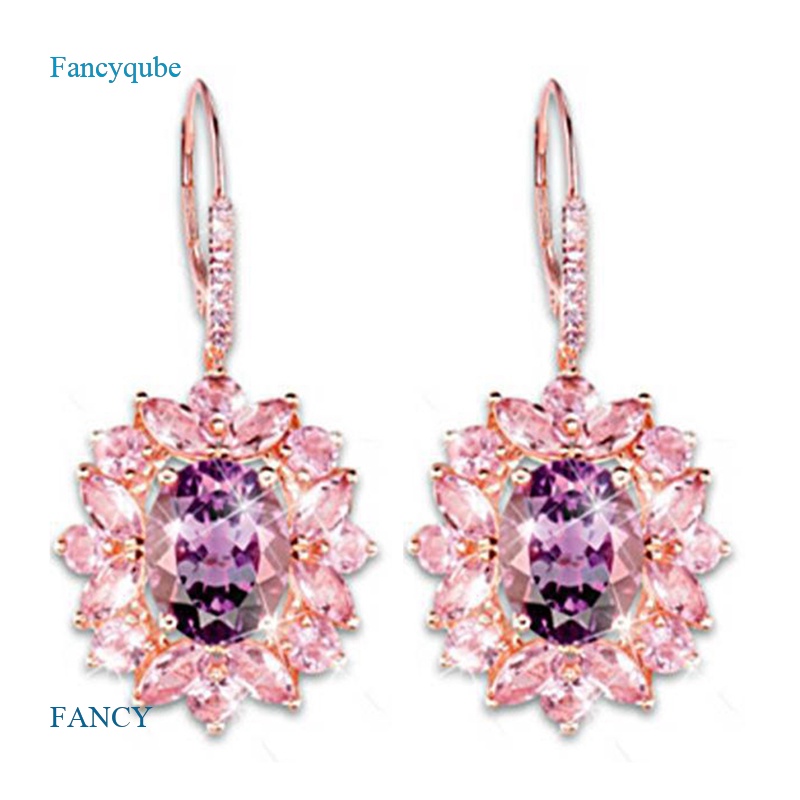Fancyqube Khuyên Tai Hình Cánh Hoa Đính Đá Thạch Anh Tím Cổ Điển Thời Trang