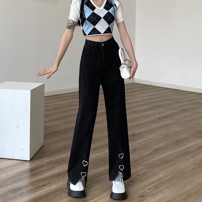 SUXI Quần Jeans Nữ Lưng Cao Ống Rộng Thời Trang Hàn Quốc Cá Tính