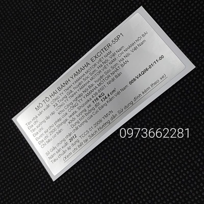 Tem thông số năm Sản xuất EXCITER 135 2012. 55P1, Tem dán càng gắp