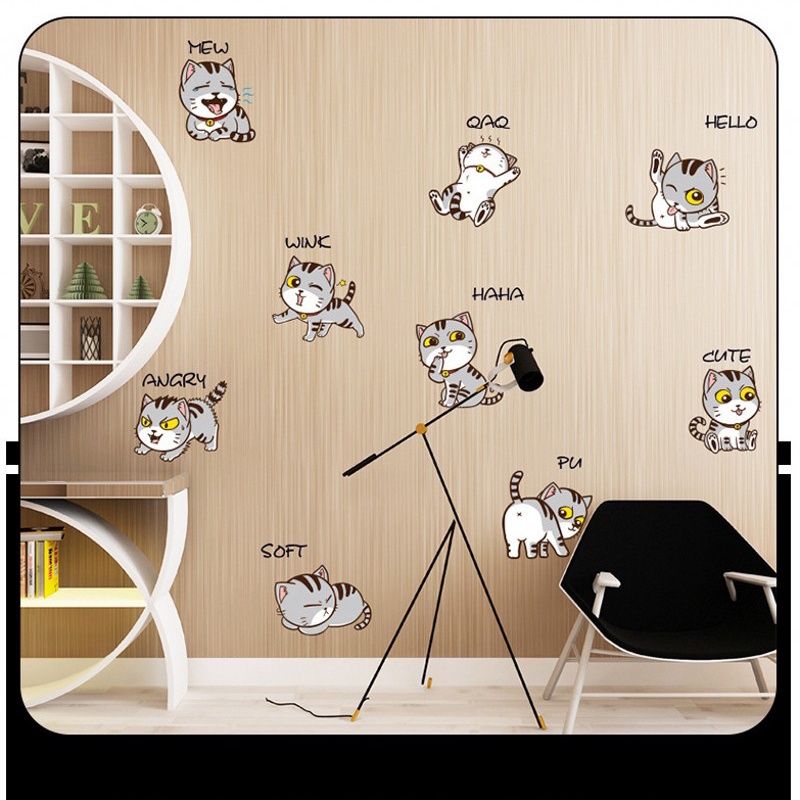 1 Tấm Decal dán tường Tự Dính Bằng PVC In Hình Mèo Hoạt Hình Trang Trí Phòng Bé
