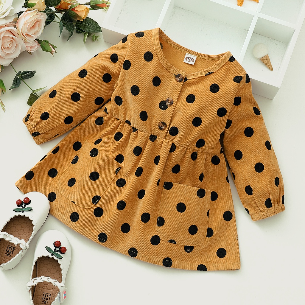 Đầm Dài Tay Họa Tiết Chấm Bi Dễ Thương Thời Trang Thu Đông Cho Bé Gái