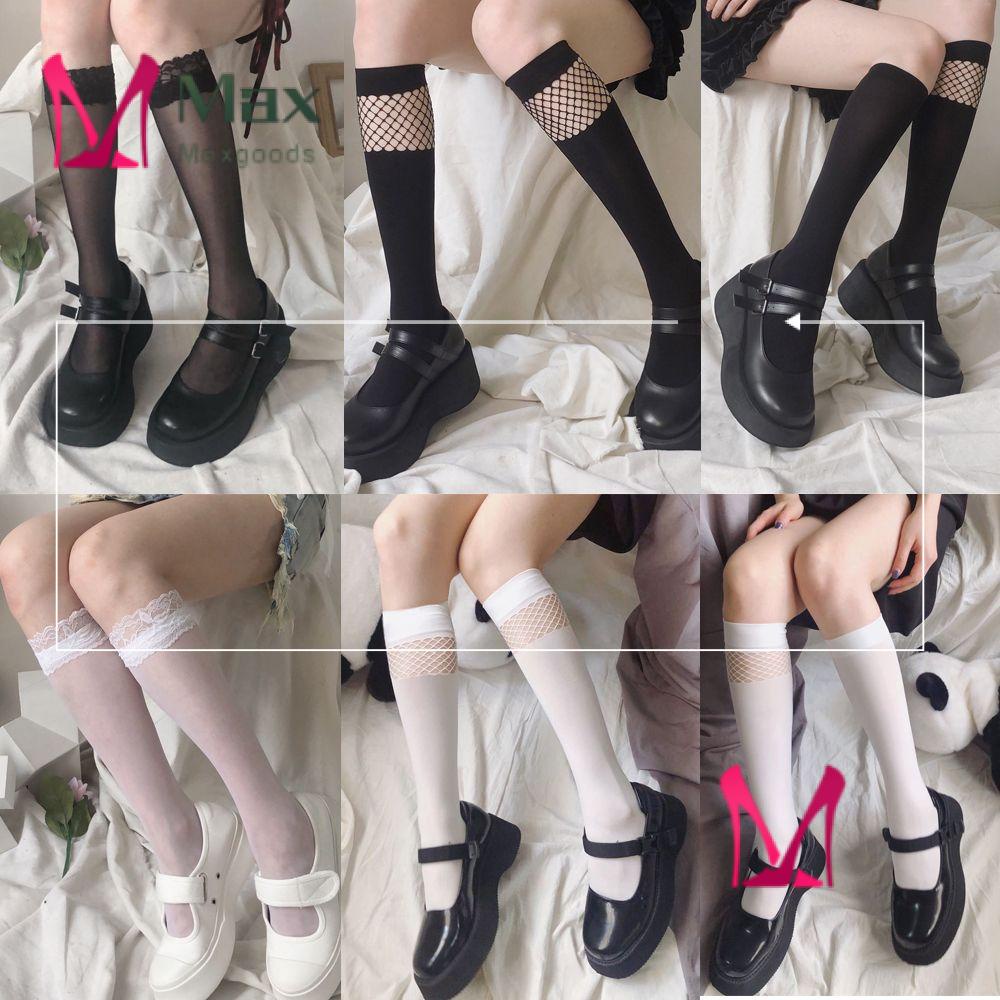 Vớ cổ cao tới đầu gối phối ren lưới co giãn màu đen/ trắng phong cách lolita chất lượng cao thời trang hóa trang cho nữ
