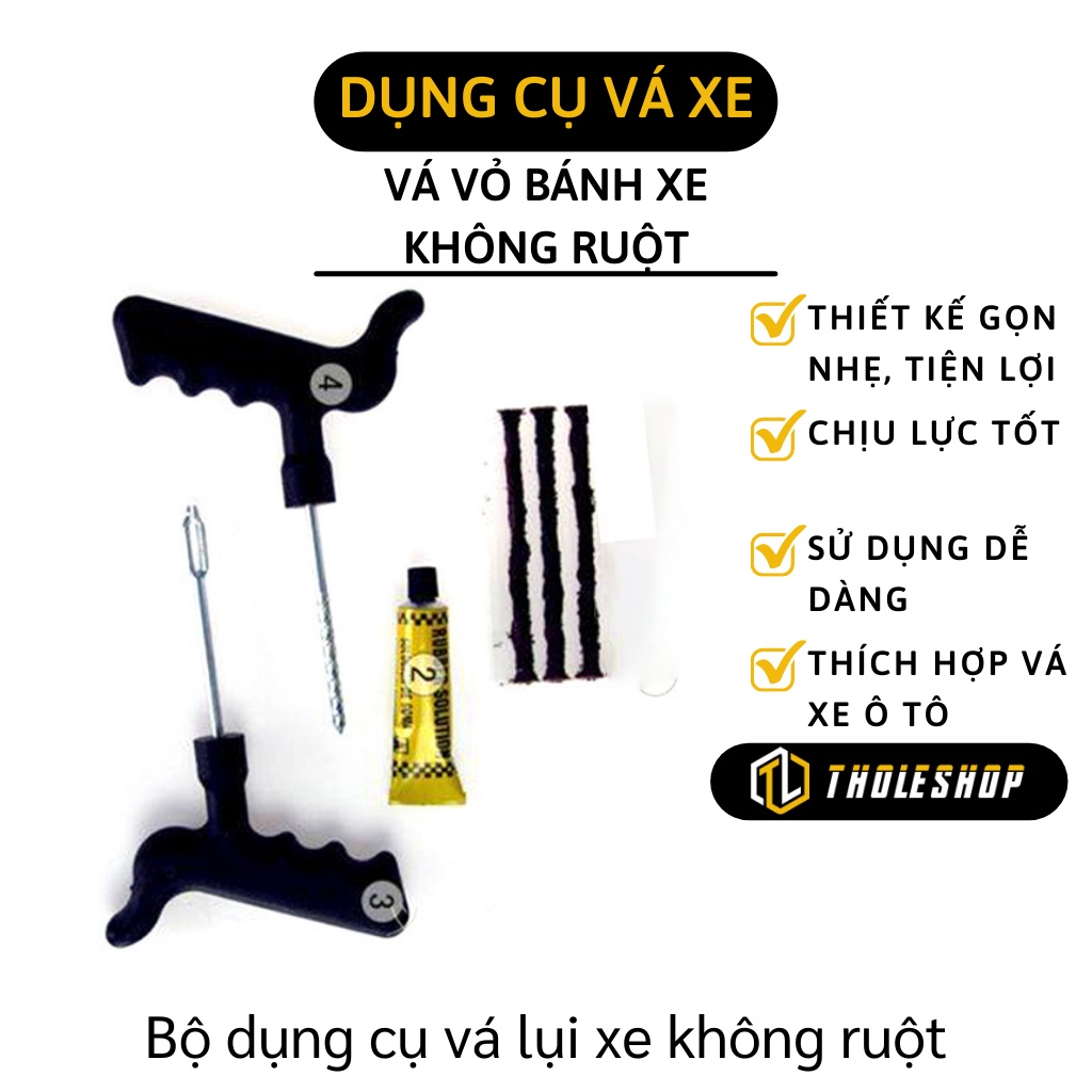 Bộ vá xe không ruột - Gồm 1 cây gắp đinh, 1 cây chịu lực để đưa cao su vào, 1 chai keo và 3 cây cao su 3085