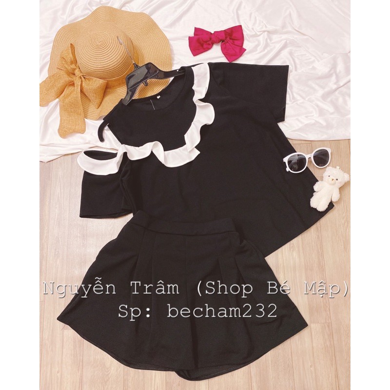 Set Áo Khoét Vai Phối Bèo Trắng Quần Short Ống Rộng BigSize 65-85Kg
