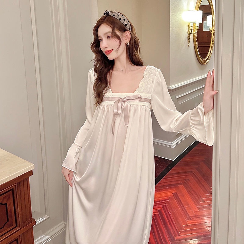 Đầm Ngủ Lụa Dài Tay Phối Ren Kiểu Công Chúa Phong Cách Retro Cho Nữ