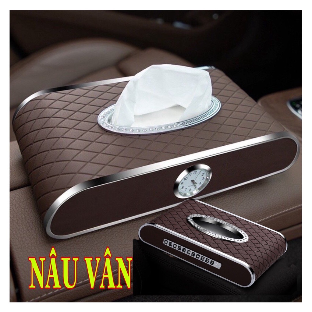 Hộp đựng khăn giấy cho ô tô xe hơi bằng da cao cấp - Hộp giấy ăn dung trên ô tô kèm đồng hồ Bảng Số Điện Thoại