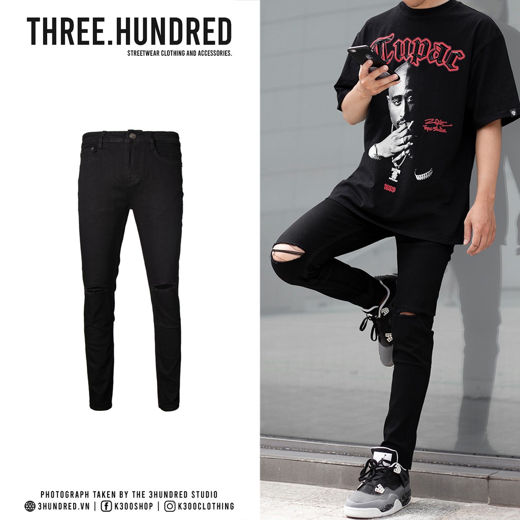 Quần Skinny Jeans Nam-Màu Đen-Rách Ngang Gối-Chất Liệu Cotton Co Giãn-Ống Đứng Dáng-Ống Ôm Chân Chuẩn Skinny | BigBuy360 - bigbuy360.vn