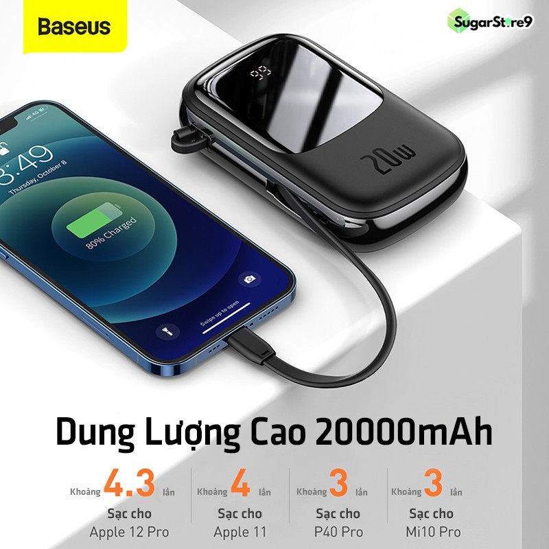 Pin Dự Phòng - Sạc Dự Phòng Baseus Mini 20W-20000mAh Tích Hợp Cáp Sạc Lightning, Màn Hình LED Cho Iphone