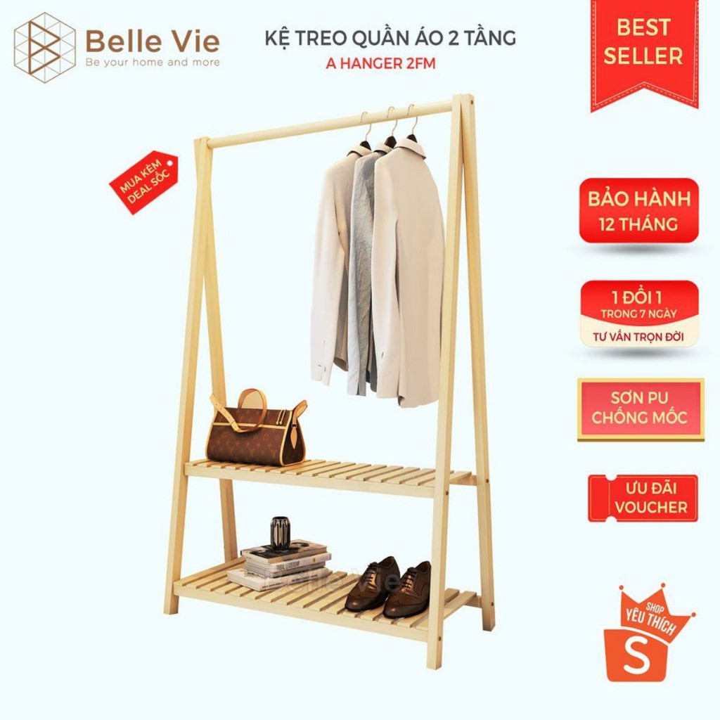 Giá Treo Quần Áo 2 Tầng BELLEVIE Kệ Treo Quần Áo Chữ A Lắp Ráp Đơn Giản, Sào Treo Đồ Bằng Gỗ Thông