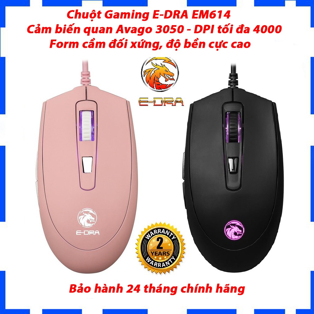 Chuột Gaming E-DRA EM614 led RGB - Cảm biến quan Avago 3050 - DPI tối đa 4000 - Form cầm đối xứng - Bảo hành 24 tháng