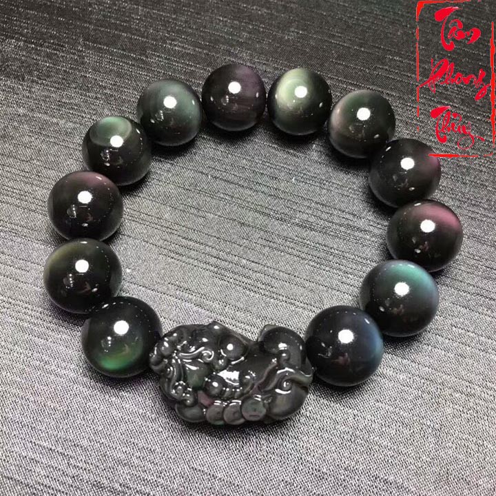 [Hàng Loại A] Vòng Tay Đá Núi Lửa Obsidian Cao Cấp Mix Charm Thiên Lộc Tỳ Hưu 12mm