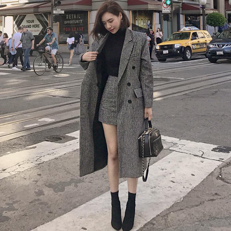 Set Dạ Nữ Áo Dạ dáng dài mix Chân Váy Dạ Kẻ chữ A
