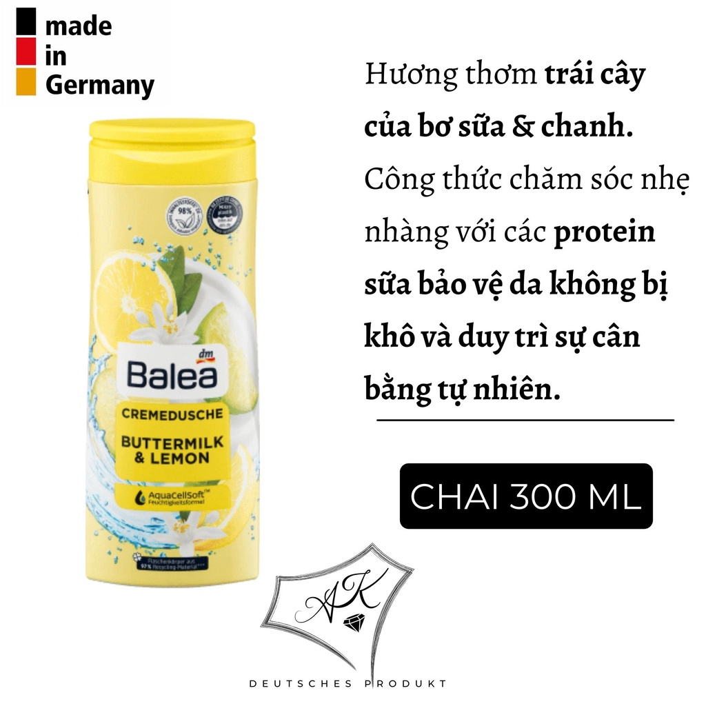 [ Hàng Đức ] Sữa tắm Balea hàng nội địa Đức, mềm mịn dưỡng ẩm cho mọi loại da - 300ml