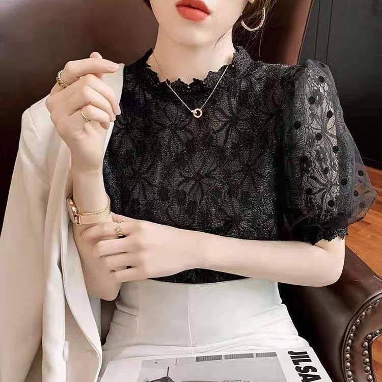 Plus Áo Kiểu Tay Ngắn Phối Ren Hoa Phong Cách Hàn Quốc Có Size Lớn
