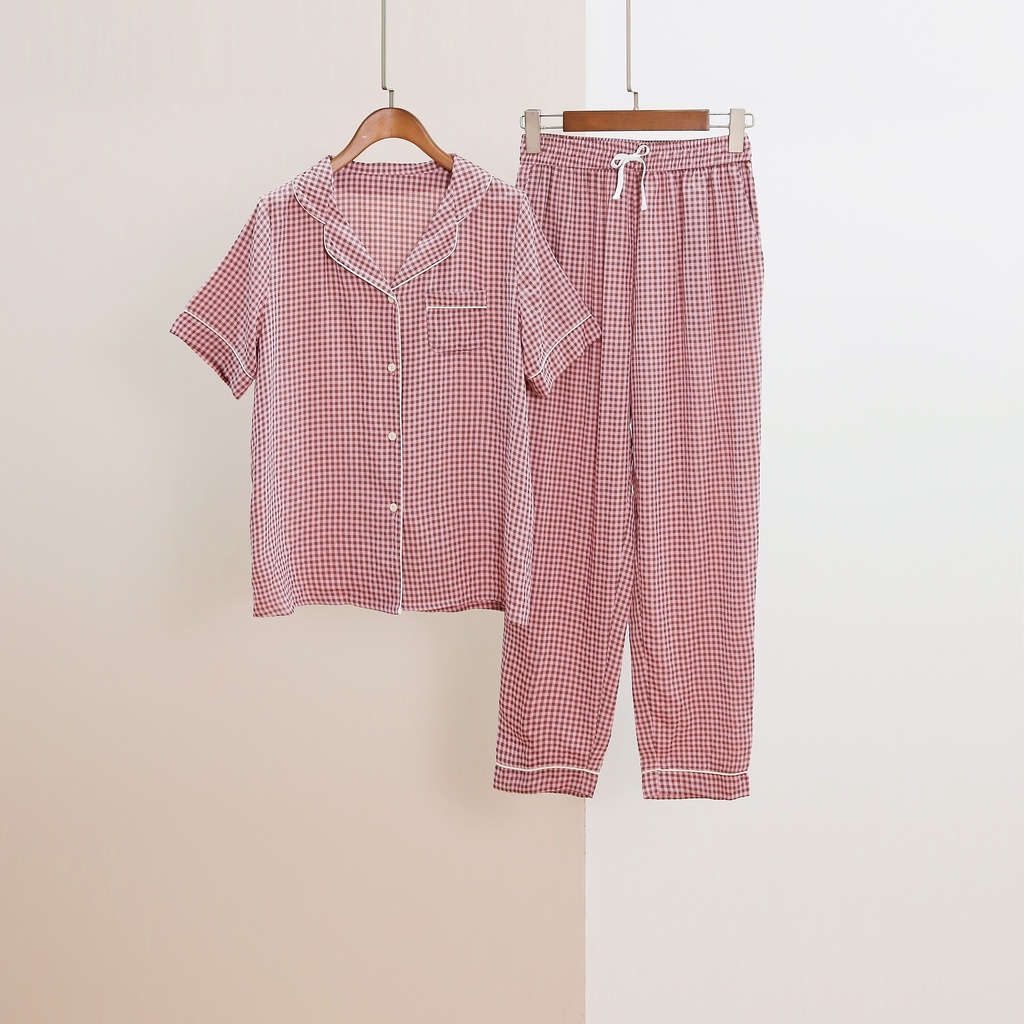 Bộ đồ mặc nhà Pijama MOMOJAMA áo cộc quần dài họa tiết kẻ caro trẻ trung - 3 màu M1921