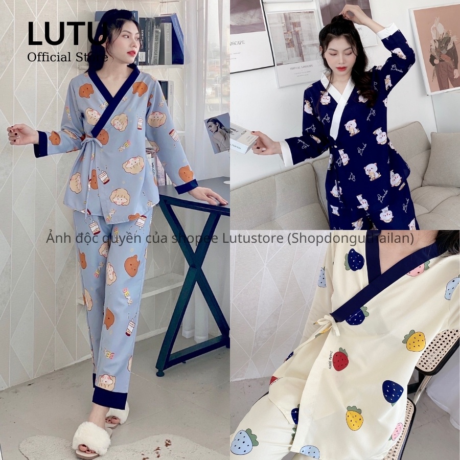 Bộ Ngủ Pijama Kimono Dài Tay Phối Viền Họa Tiết Dễ Thương