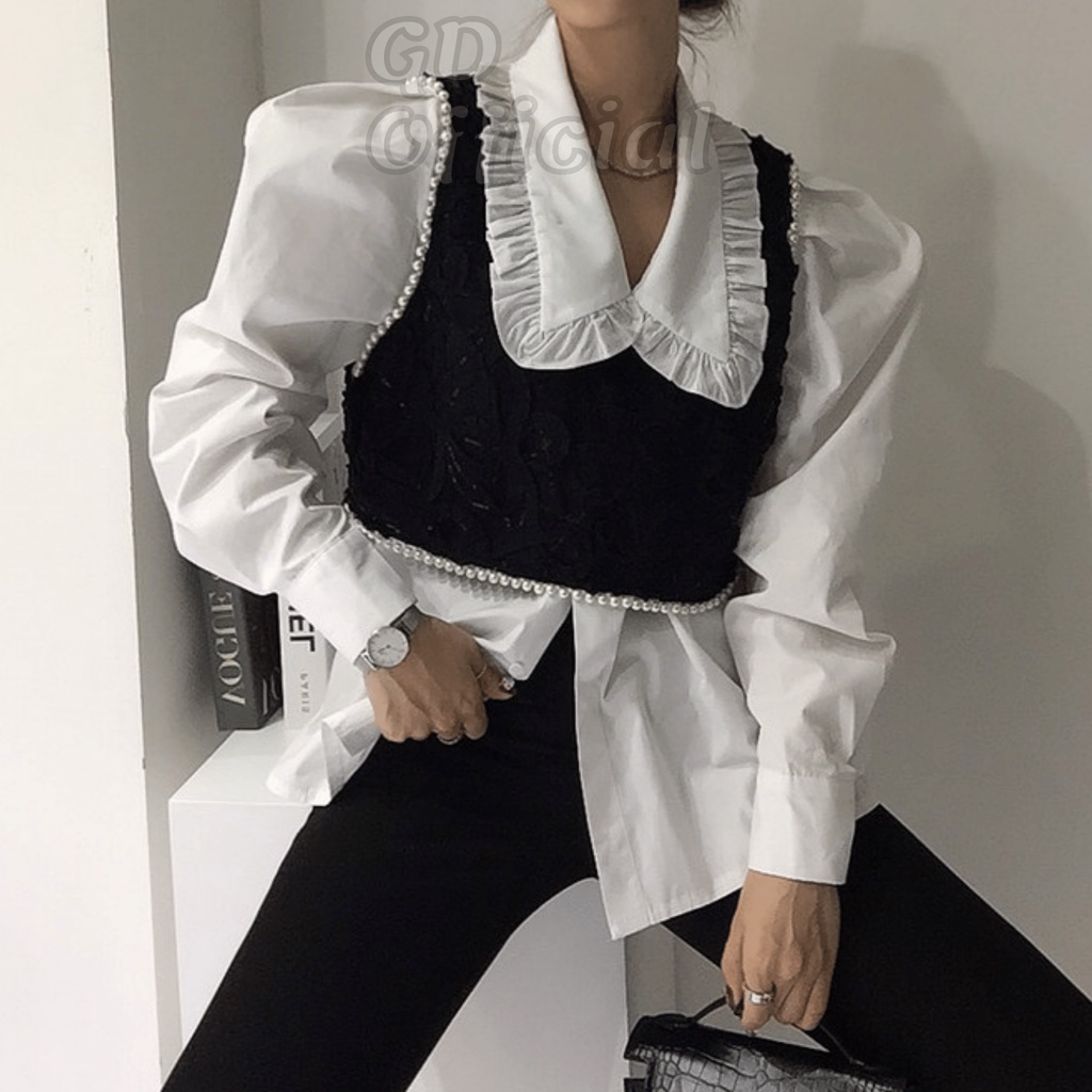 A24|Áo sơ mi Hàn quốc công sở cá tính kèm gile dáng croptop trắng đen cho nữ gd_order