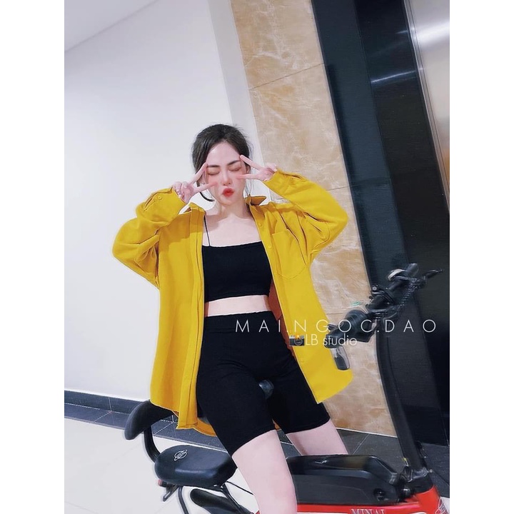 Set bộ nữ đi chơi 3 món, set áo 2 dây  quần legging lửng kèm áo sơ mi vàng khoác ngoài,  bộ đi biển trẻ trung, xinh xắn