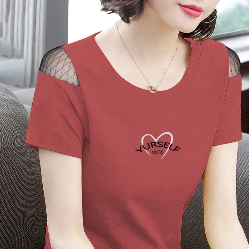 Áo thun tay ngắn hở vai in họa tiết thời trang cho phụ nữ trung niên