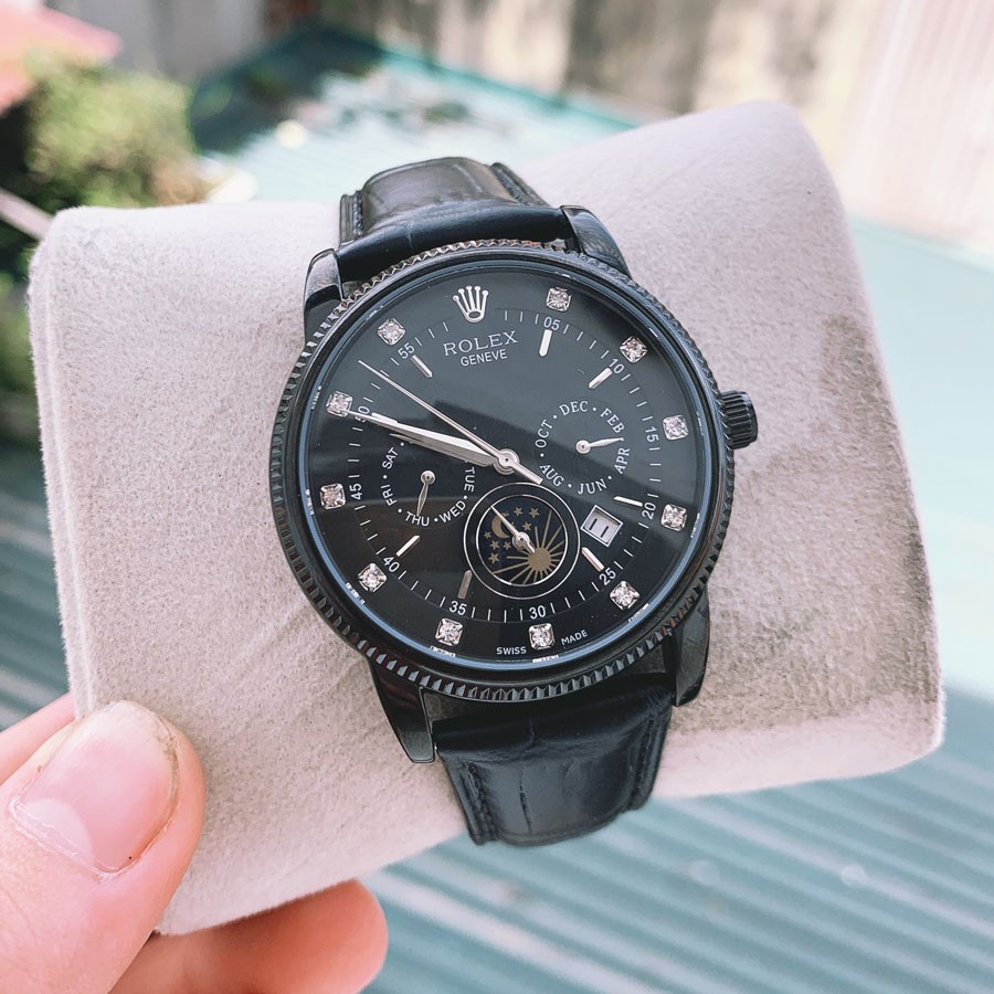 Đồng hồ Nam Rolex máy nhật, mẫu 6kim đính đá, mặt đen viền đen, dây da, dòng cơ Automatic size 40mm-41mm