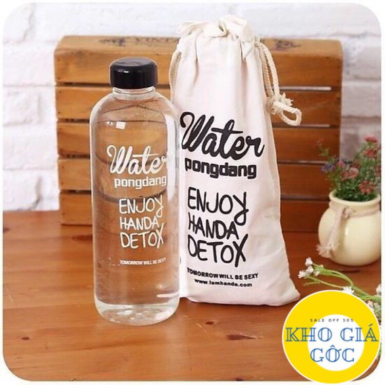 Bình nước Detox đẹp " Water Pongdang" 1000 ml ( màu trong suốt ) - Kèm 1 Túi Vải