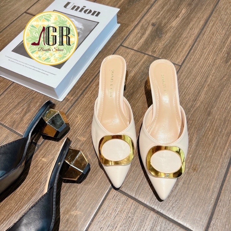 Guốc sục mũi nhọn nơ khoá Do gót trụ vàng 5cm (hàng đẹp)