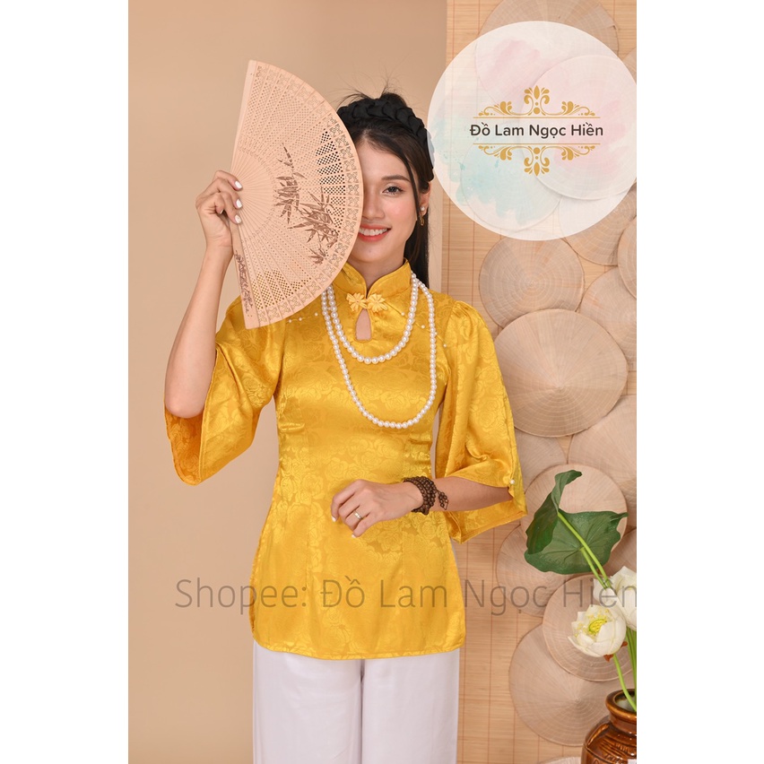 Đồ Lam Đi Chùa Mẫu Bà Ba Cách Tân Cổ Giọt Nước Tay Cánh Tiên Chất Liệu Gấm (QUẦN ĐEN)