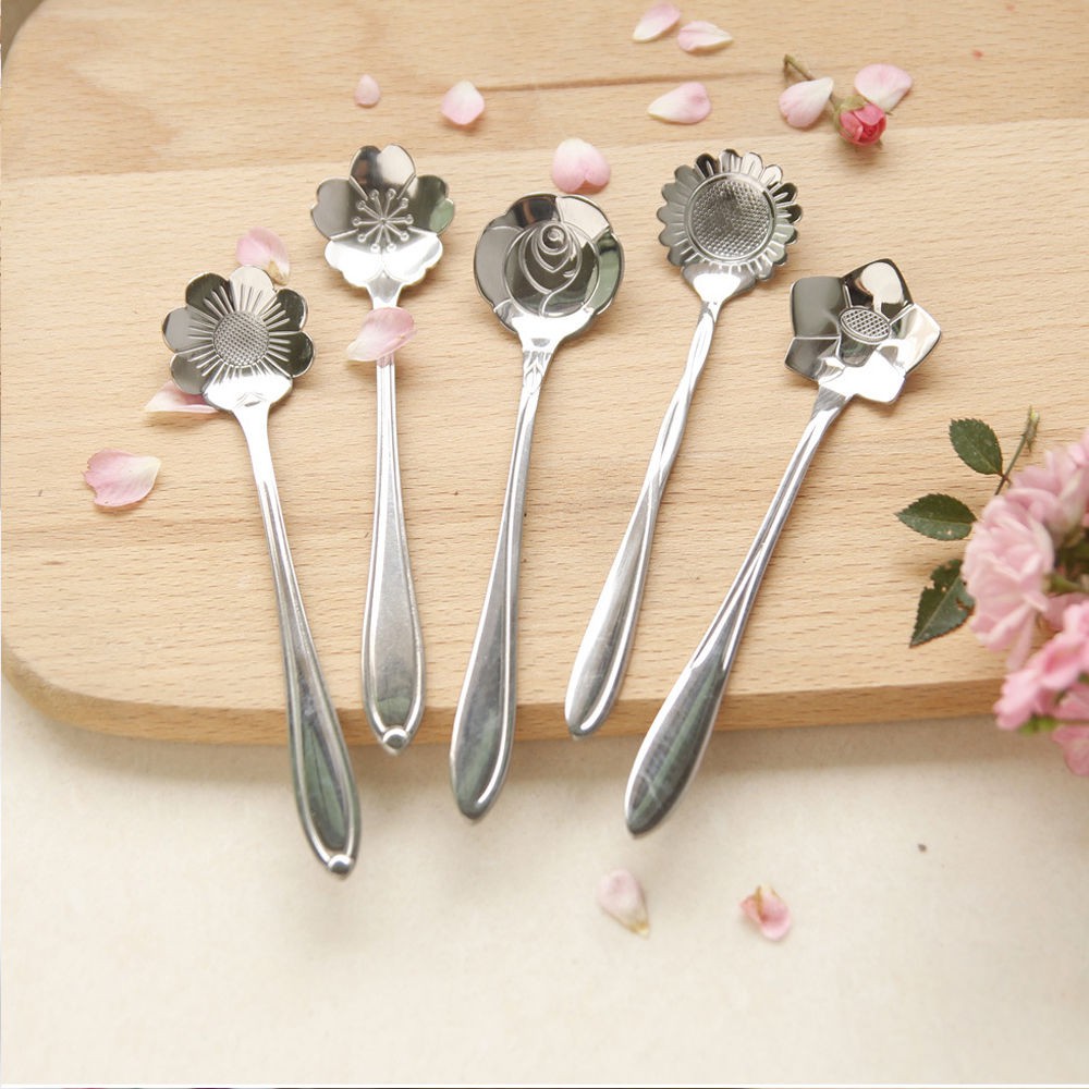 Coffee Spoon Flower Shape Sugar Tea Coffee Stainless Steel Silver Teaspoons