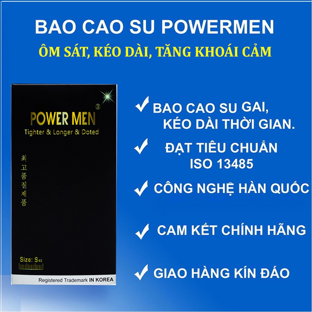 Bao cao su Power Men Tighter & Longer & Dotted Ôm sát, Tăng khoái cảm và Kéo dài size nhỏ 49mm Hộp 12 bao (TDU12)