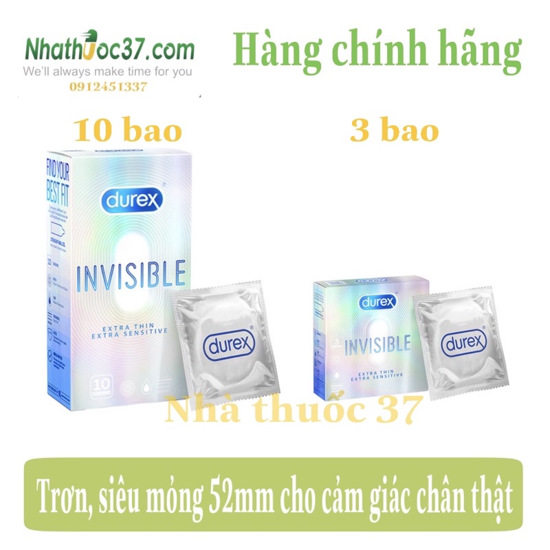 Bao cao su Durex Invisible Extra Thin, Extra Sénitive kích cỡ ôm khít, siêu mỏng, cho cảm giác chân thật