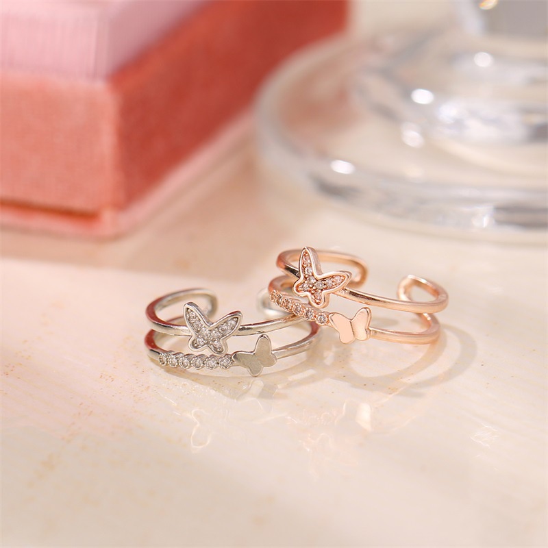 Nhẫn hở mạ bạc hình bướm đính đá zircon có thể điều chỉnh kích thước thời trang