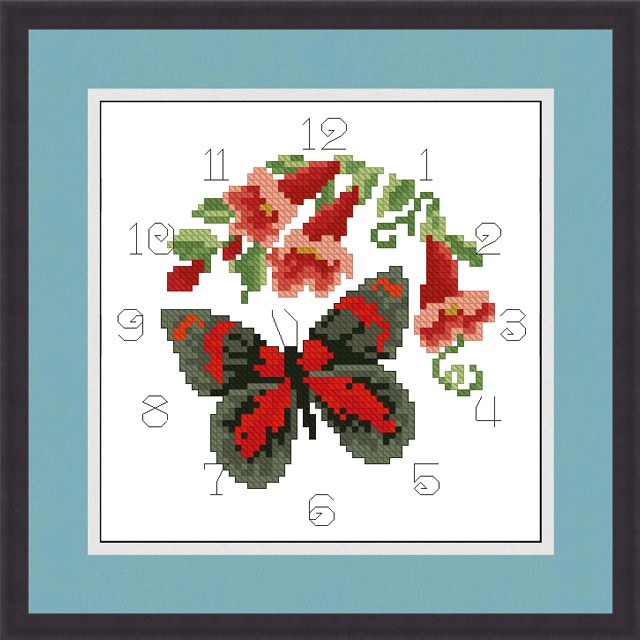 Tranh thêu chữ thập đồng hồ - bộ hoa và bướm - in trên vải