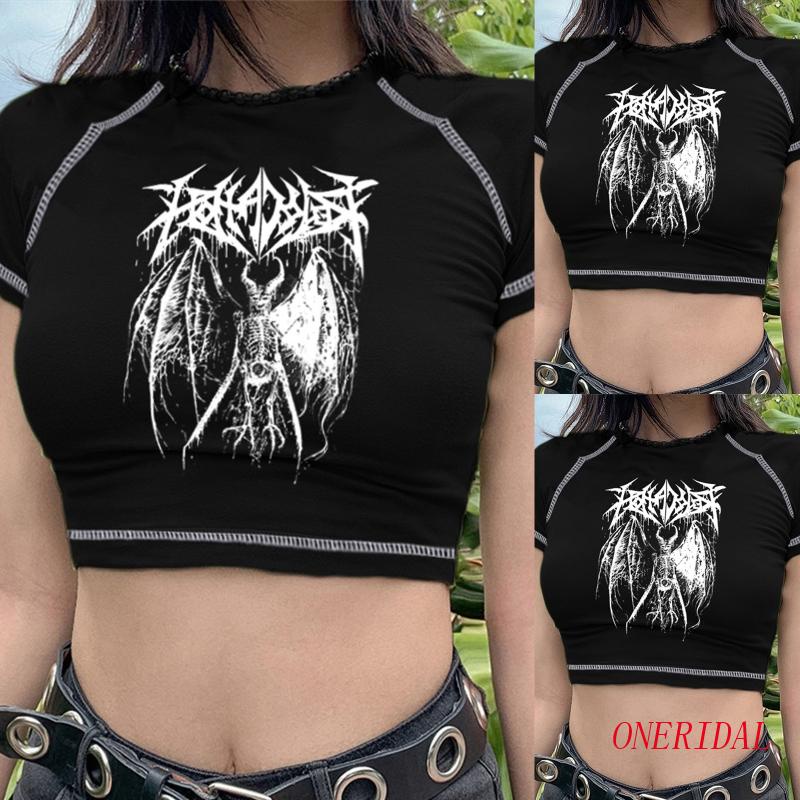 Áo Thun Croptop Tay Ngắn Màu Đen In Hình Bộ Xương Phong Cách Gothic Harajuku Cá Tính Dành Cho Nữ