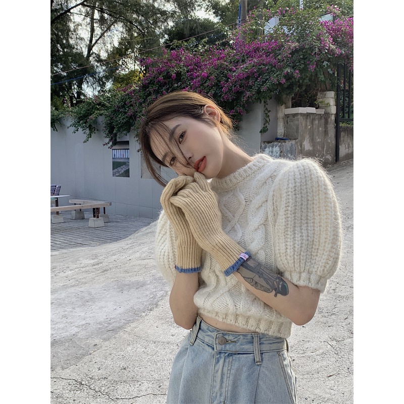 「SSUNIA」Áo croptop dệt kim tay phồng ngắn thời trang cho nữ
