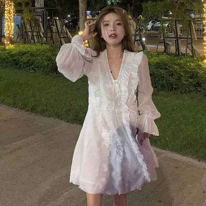 Đầm chiffon Hoa Cổ V Tay Dài Ngọt Ngào Mới 2022