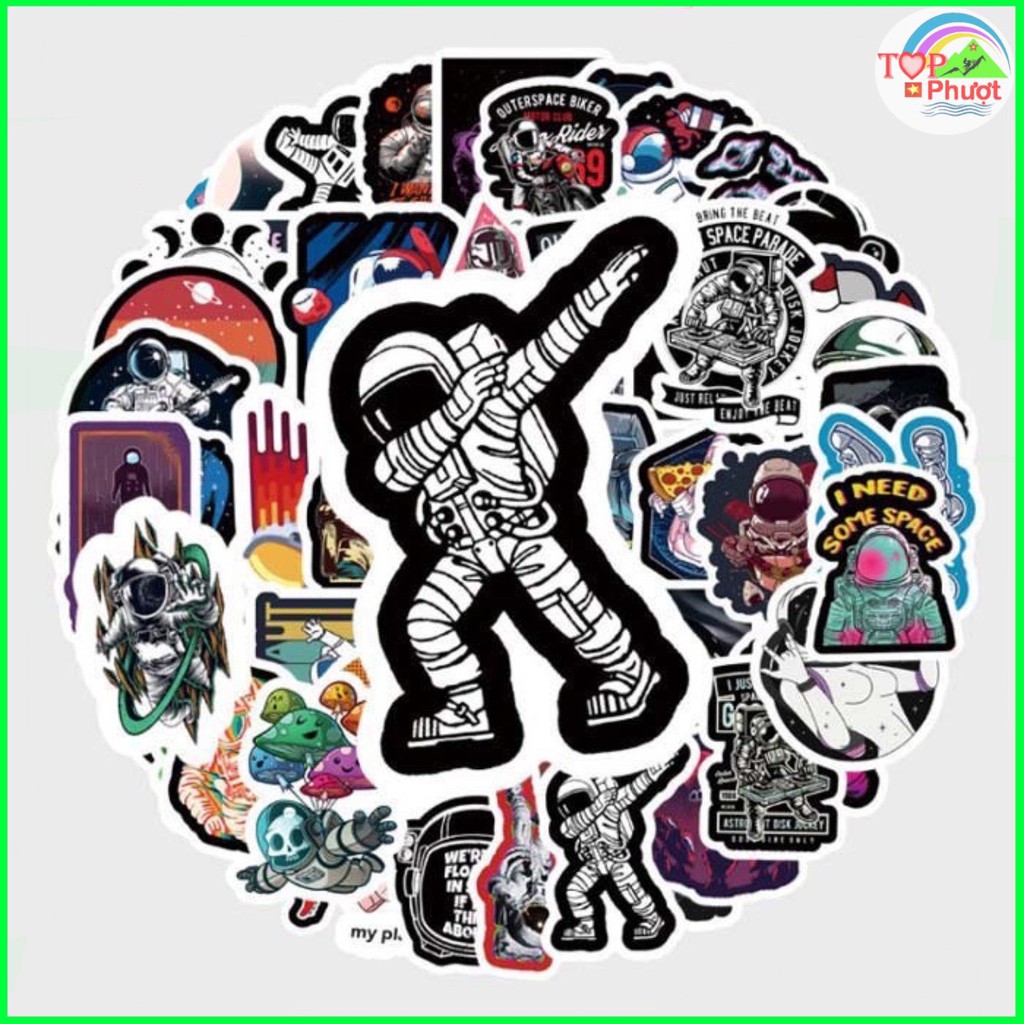 [Set 50 Cái] Miếng Dán Sticker cute trang trí laptop, mũ nón bảo hiểm, vali, xe ga, ván trượt - Phi Hành Gia M039