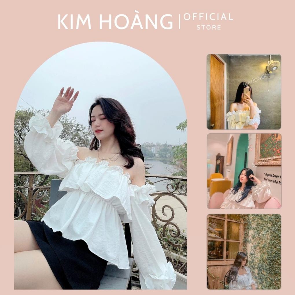 Áo trễ vai croptop Kim Hoàng màu trắng hở vai tay bồng bèo nhún thiết kế - (Linen Top)  ྇