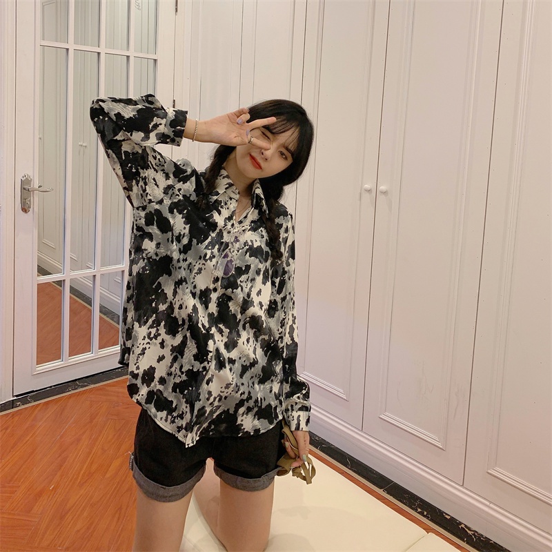 【ZHELIHANGFEI】Áo Sơ Mi Tay Dài Form Rộng Họa Tiết In Theo Phong Cách Retro Dễ Phối Đồ